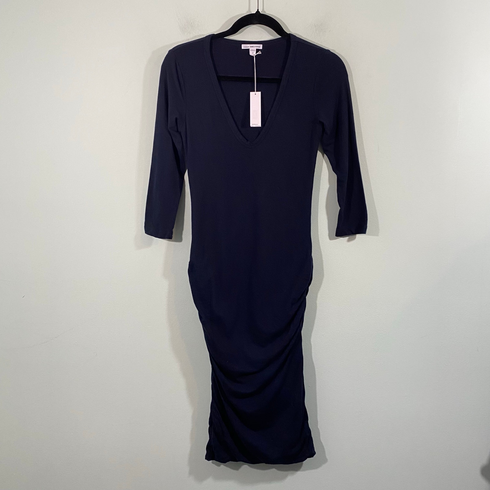 James Perse Navy V-Neck Ruch Sides Bodycon Dress Black Size 2(M) Nwt $225